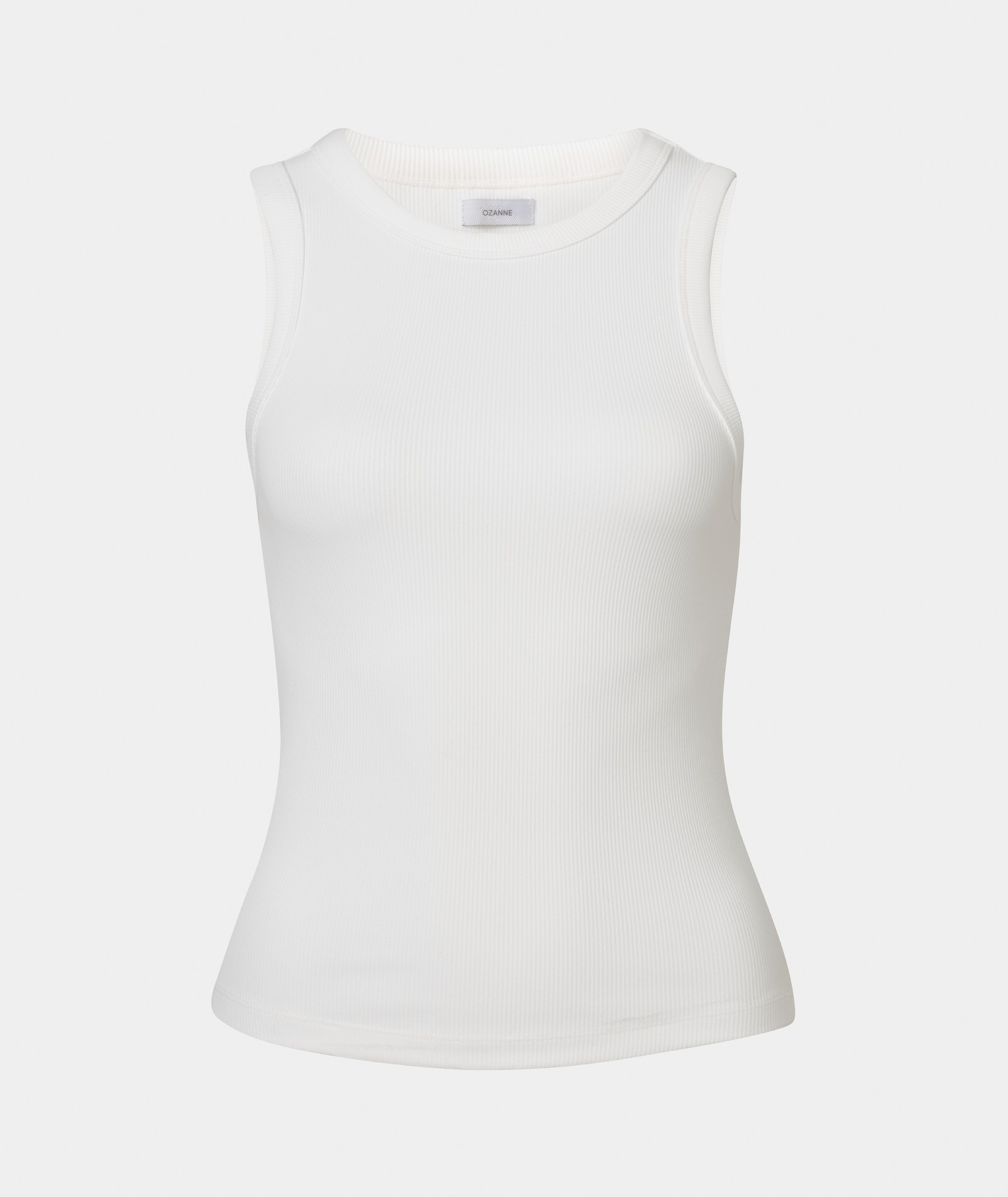 A white sleeveless top is shown against a plain background.